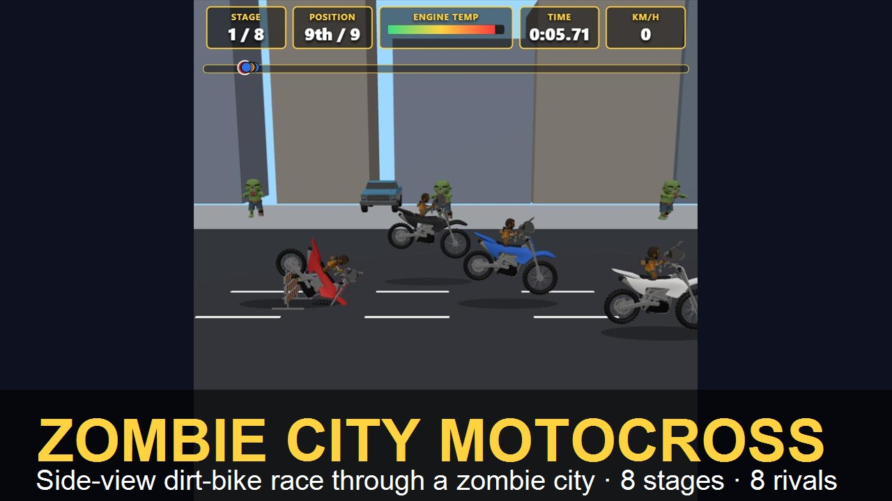 Zombie City Motocross – Balap motor trail melewati kota zombie di 8 level dengan 8 lawan di setiap lintasan