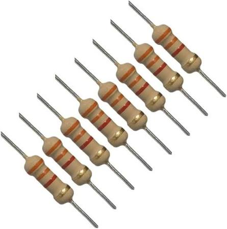 Foto beberapa resistor film karbon dengan pita warna, untuk berlatih membaca komponen nyata